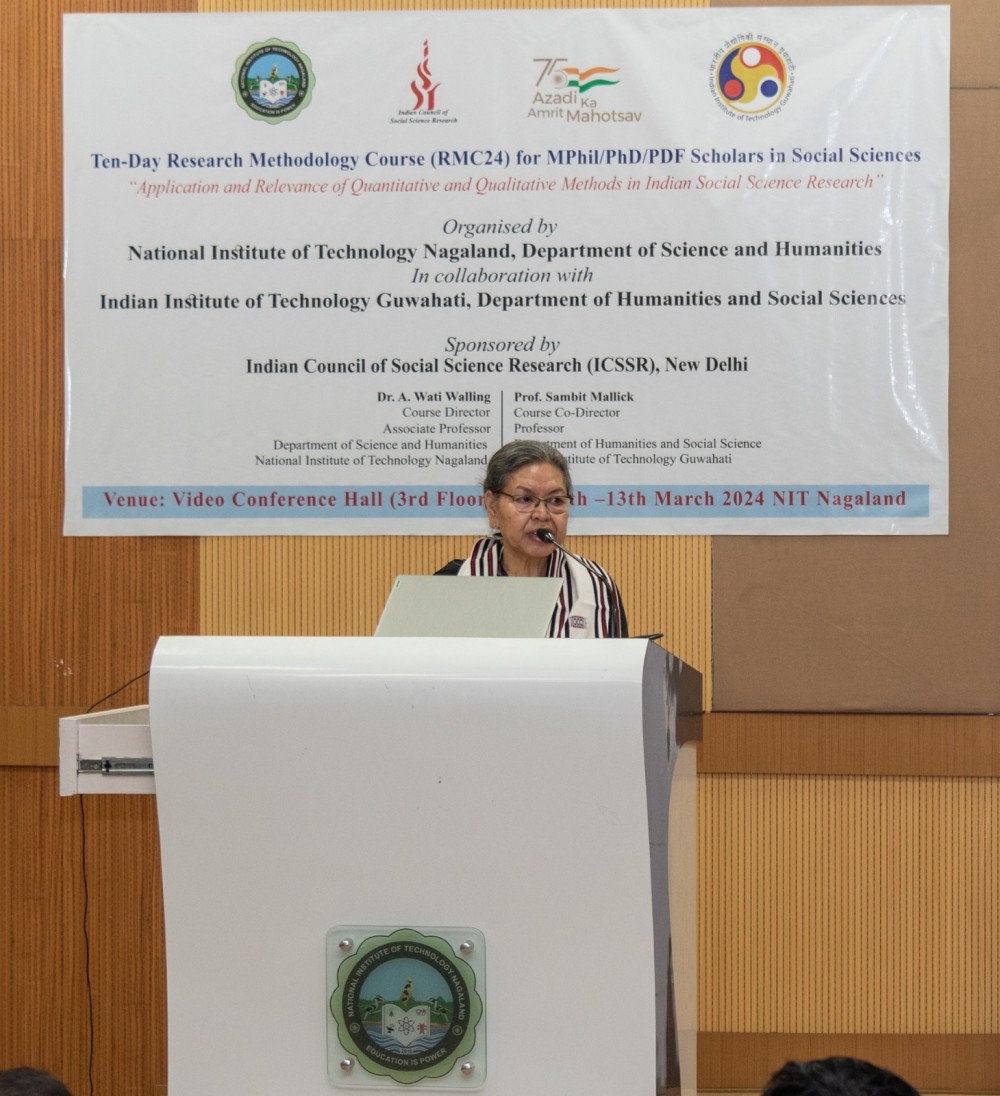 Former Professor of Jawaharlal Nehru University and a leading Indian sociologist from the North-East, Tiplut Nongbri delivers the keynote address during the commencement of a “Ten-Day Research Methodology Course (RMC24)” at the National Institute of Technology (NIT) Nagaland on March 4. (Morung Photo)